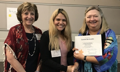 Super Library Supervisor (SLS) Graduation, October 3, 2019 --- (From the left) Jayne Beline, Connie Bermudez (SLS), and Kathy Schalk-Greene
