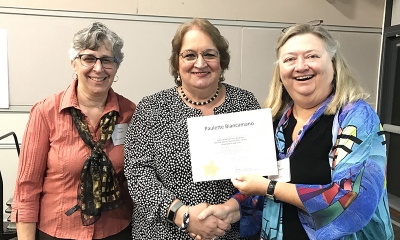 Super Library Supervisor (SLS) Graduation, October 3, 2019 --- (From the left) Maria Baratta, Paulette Biancamano (SLS), and Kathy Schalk-Greene