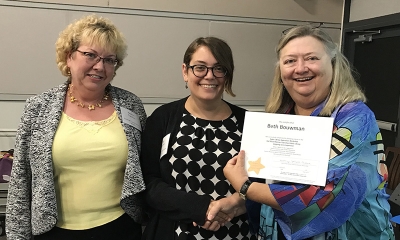 Super Library Supervisor (SLS) Graduation, October 3, 2019 --- (From the left) Rebecca Crawford, Beth Bouwman (SLS), and Kathy Schalk-Greene