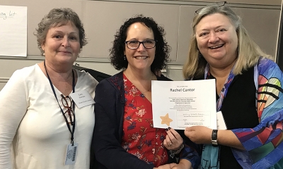 Super Library Supervisor (SLS) Graduation, October 3, 2019 --- (From the left) Cathi Sheridan, Rachel Cantor (SLS), and Kathy Schalk-Greene