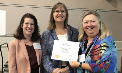 Super Library Supervisor (SLS) Graduation, October 3, 2019 --- (From the left) Alexandria Arnold, Laura Cole (SLS), and Kathy Schalk-Greene