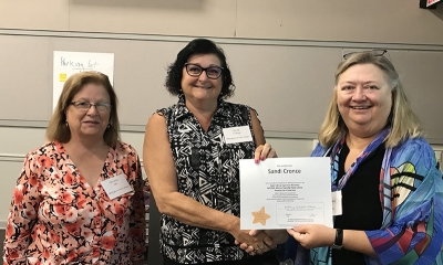 Super Library Supervisor (SLS) Graduation, October 3, 2019 --- (From the left) Christine Hill, Sandi Cronce (SLS), and Kathy Schalk-Greene