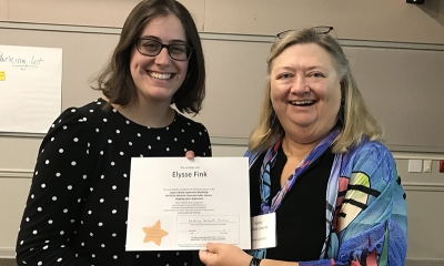Super Library Supervisor (SLS) Graduation, October 3, 2019 --- (From the left) Elysse Fink (SLS) and Kathy Schalk-Greene