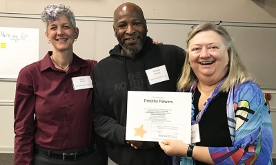 Super Library Supervisor (SLS) Graduation, October 3, 2019 --- (From the left) Selwa Shamy, Timothy Flowers (SLS), and Kathy Schalk-Greene