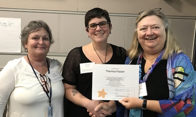 Super Library Supervisor (SLS) Graduation, October 3, 2019 --- (From the left) Cathi Sheridan, Theresa Foster (SLS), and Kathy Schalk-Greene