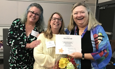 Super Library Supervisor (SLS) Graduation, October 3, 2019 --- (From the left) Monica Smith, Gina Gerard (SLS), and Kathy Schalk-Greene