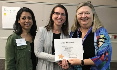 Super Library Supervisor (SLS) Graduation, October 3, 2019 --- (From the left) Ranjna Das, Caitlin Hawe-Ndrio (SLS), and Kathy Schalk-Greene