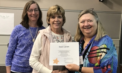 Super Library Supervisor (SLS) Graduation, October 3, 2019 --- (From the left) Ellen Callanan, Dawn Larsen (SLS), and Kathy Schalk-Greene