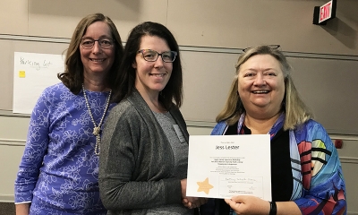 Super Library Supervisor (SLS) Graduation, October 3, 2019 --- (From the left) Ellen Callanan, Jess Lester (SLS), and Kathy Schalk-Greene