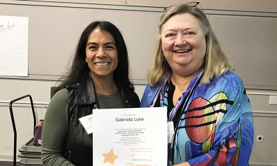 Super Library Supervisor (SLS) Graduation, October 3, 2019 --- (From the left) Gabriela Luna (SLS) and Kathy Schalk-Greene