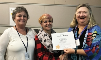 Super Library Supervisor (SLS) Graduation, October 3, 2019 --- (From the left) Cathi Sheridan, Christine Maloney (SLS), and Kathy Schalk-Greene