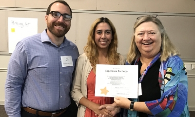 Super Library Supervisor (SLS) Graduation, October 3, 2019 --- (From the left) John Authur, Esperanza Pacheco (SLS), and Kathy Schalk-Greene