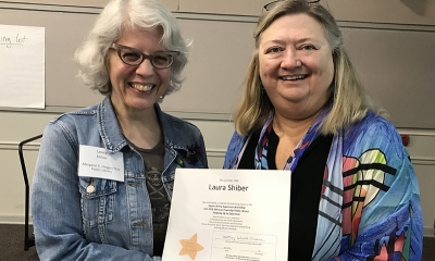 Super Library Supervisor (SLS) Graduation, October 3, 2019 --- (From the left) Laura Shiber (SLS) and Kathy Schalk-Greene