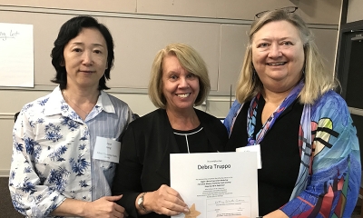 Super Library Supervisor (SLS) Graduation, October 3, 2019 --- (From the left) Jane Jiang, Debra Truppo (SLS), and Kathy Schalk-Greene