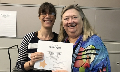 Super Library Supervisor (SLS) Graduation, October 3, 2019 --- (From the left) Jaimie Vigue (SLS) and Kathy Schalk-Greene