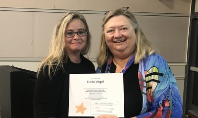 Super Library Supervisor (SLS) Graduation, October 3, 2019 --- (From the left) Linda Vogel (SLS) and Kathy Schalk-Greene