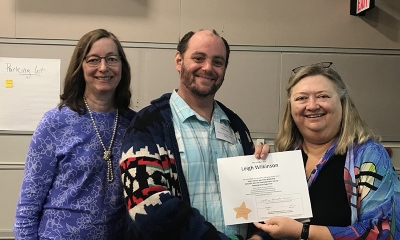 Super Library Supervisor (SLS) Graduation, October 3, 2019 --- (From the left) Ellen Callanan, Leigh Wilkinson (SLS), and Kathy Schalk-Greene
