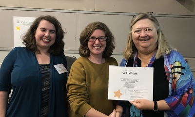 Super Library Supervisor (SLS) Graduation, October 3, 2019 --- (From the left) Natalie Niziolek, Vicki Wright (SLS), and Kathy Schalk-Greene